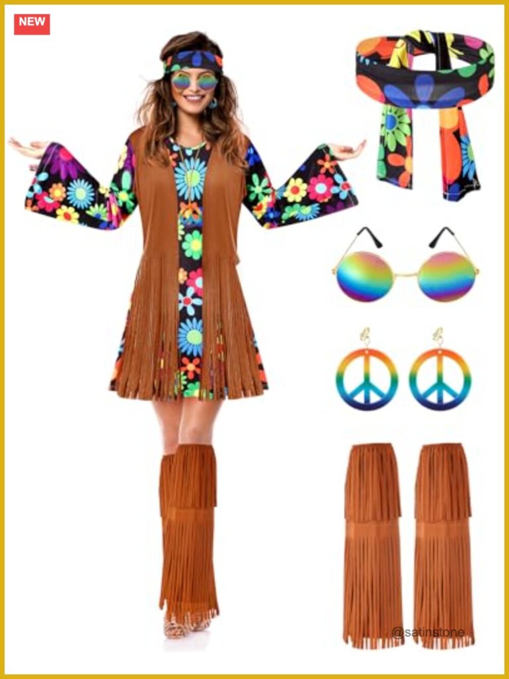 Hippie Costume Set Peace Sign Earrings Necklace Sunglasses Headband Dress Socks